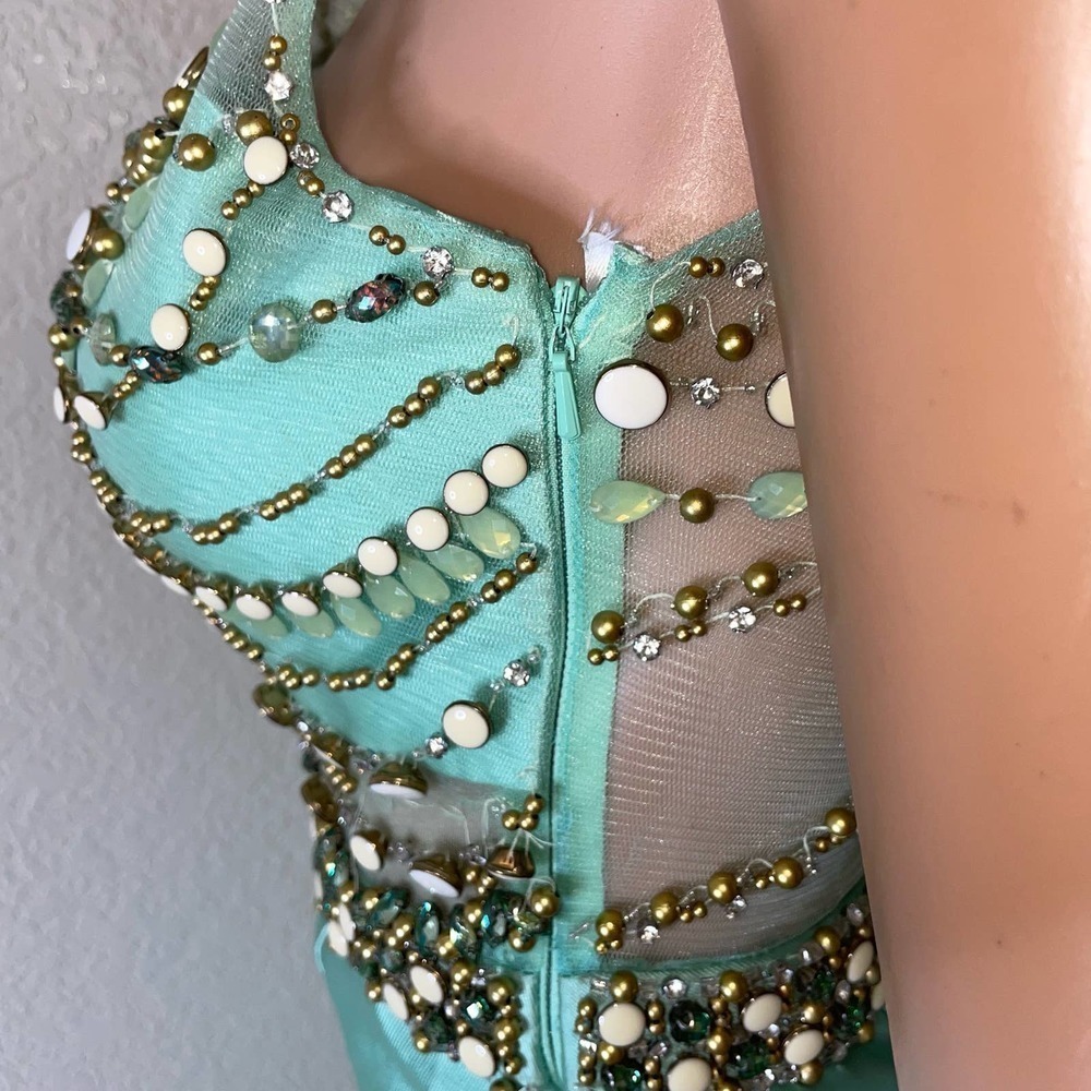 Vintage Rachel Allan dress maxi mermaid style beaded sea foam green SZ 2 formal - Picture 4 of 16